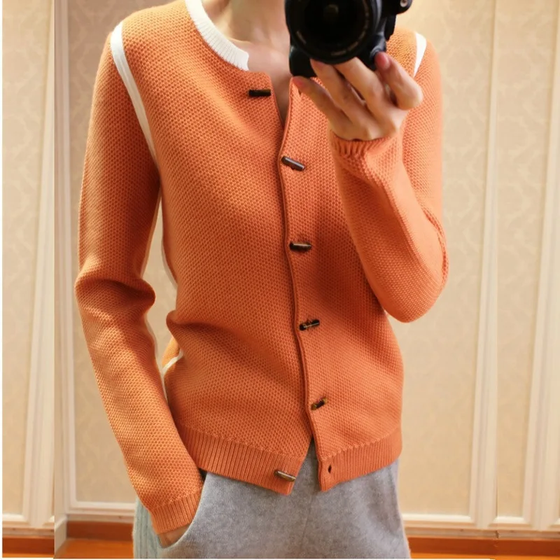 ^Cheap 2019 Spring And Autumn New Style Thick Woollen Sweater Crew Neck Knitted Cardigan Women's Solid Color Coat Slim Fit Sweater