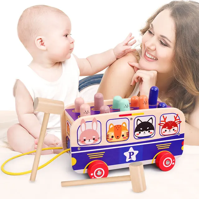 US $18.99 Baby Wooden Toys Cartoon Large Hamster Bus Double Hammer Toy Puzzle Early Education Percussion Drag