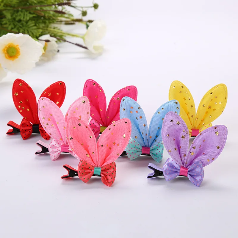 

2pcs/set Baby Girl Hair Clips Handmade Rabbit Ear Hairpins Cute Bow Resin Diamond Barrettes