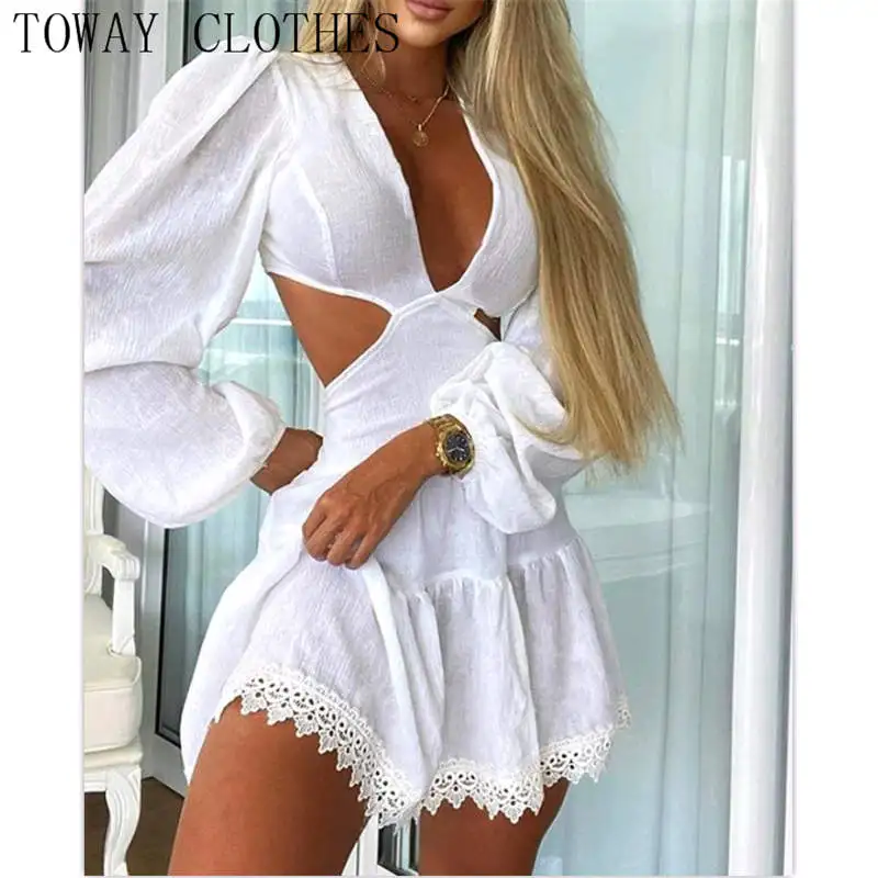 

Dress For Women 2022 Lace Trim Cutout Puff Sleeve Plunge Dress Flared Sexy Chic Vestidos Elegantes Para Mujer