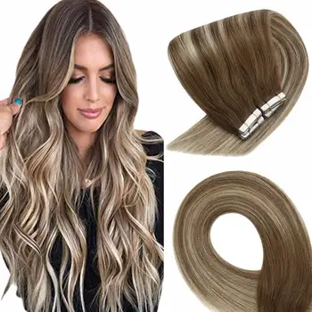 

VeSunny Tape in Hair Extensions Human Hair Blonde Skin Weft Seamless Brown Tape on Hair 50g Balayage Color #8/26/8 Gloden