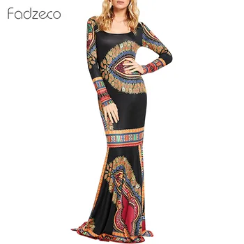 

Fadzeco African Dresses for Women Dashiki Bazin Dress African Print Long Sleeve Round Neck Fishtail Maxi Dress Club Party Dress