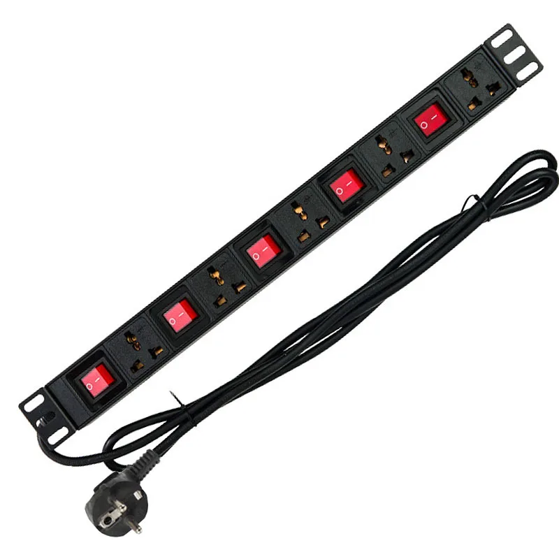 10A 250V Industrial 19 Inches PDU Cabinet Aluminium Alloy Power Strip EU UK US AU plug Universal 5 AC Outlet Independent Switch |