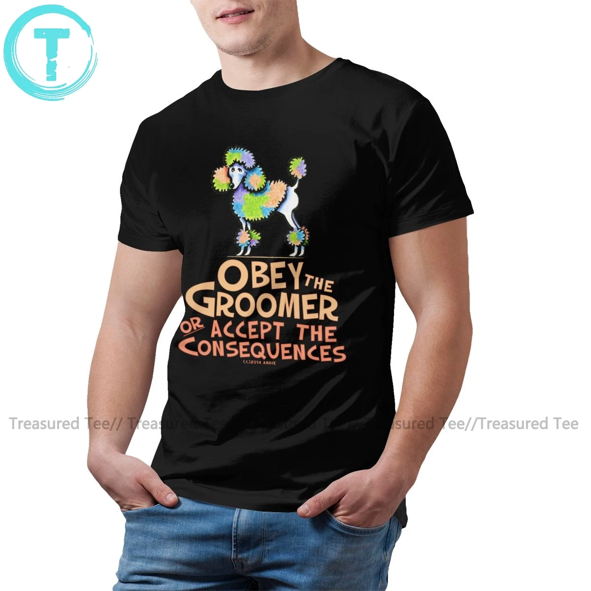 Футболка мужская с рисунком пуделя хлопковая тенниска надписью Obey The Groomer модная