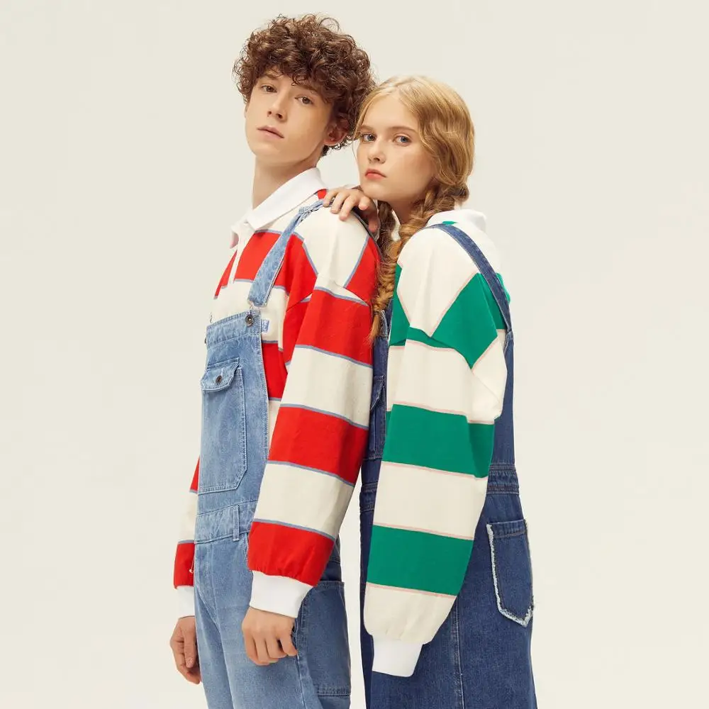 Metersbonwe 커플 용 폴로 셔츠 2020 봄 신 남성 여성 캐주얼 루즈 스트라이프 스웨트 여성 오버 사이즈 탑스