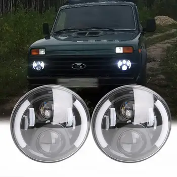 

2Psc 7 Inch LED Headlight H4 Hi-Lo With Halo Angel Eyes For Lada niva 4x4 urban Niva Jeep Wrangler JK Land rover defender Hummer