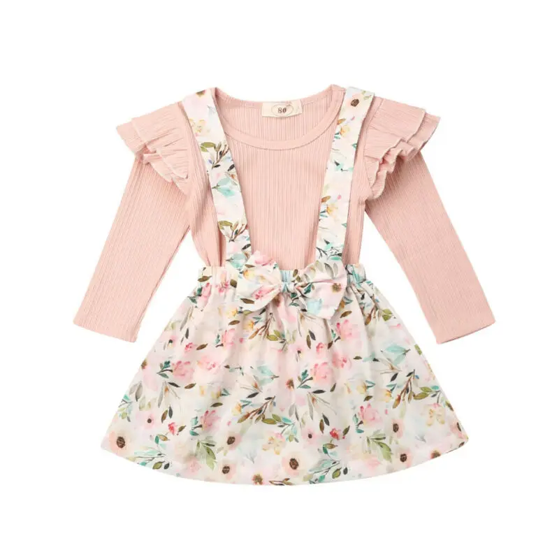 

Sweet Toddler 2Pcs Kid Baby Girl Long Sleeve Knitting Pure Color Tops Floral Bib Dress Party Clothes Set Warm Soft Clothing