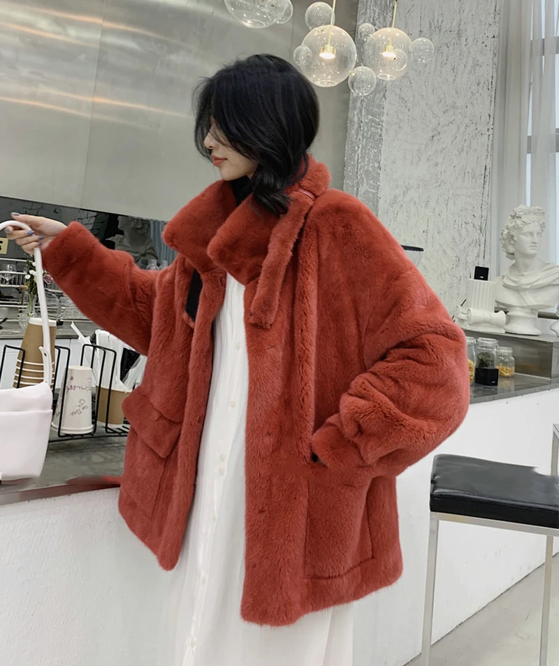 Ftangaiur New Winter Import Velvet Mink Coat Mandarin Collar Pure Color Natural Fur Coat Women's Medium Real Mink Fur Coats