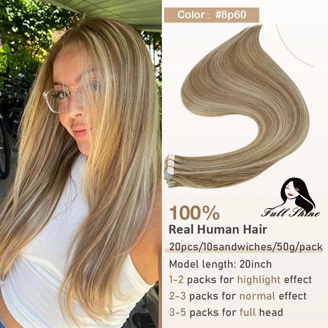 Full Shine Tape In Human Hair Extensions Blonde 100% Real Remy Human Hair Skin Weft Adhesive Glue On For Salon High Quality P8 60
