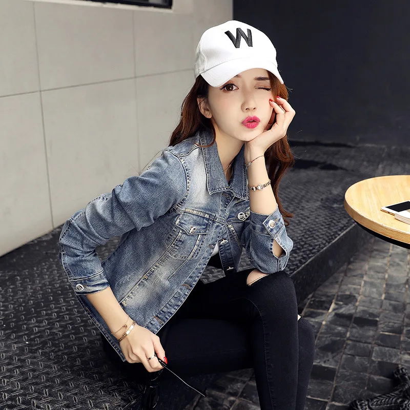 

Long Sleeve Slim Fit 2017 New Style Spring Fold-down Collar Versatile Single Breasted Cropped Jacket Denim Top Paragraph of Fash