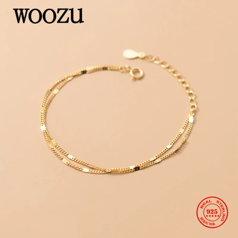 WOOZU Genuine 925 Sterling Silver Simple Delicate Double Chain Layer Charm Bracelet For Fashion Women Party Punk Jewelry Gift