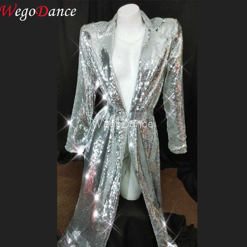 

New Women Singer Silver Sequins Coat DJ Stage Show Silver Jacket Cloak Strap Ds Performance Costume