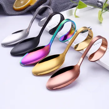 

NEW 1 Pcs 304 Stainless Steel Hotel Buffet Kitchen Curved Handle Dessert Soup Spoon Cutlery Kitchen Accessories Drinking Tools