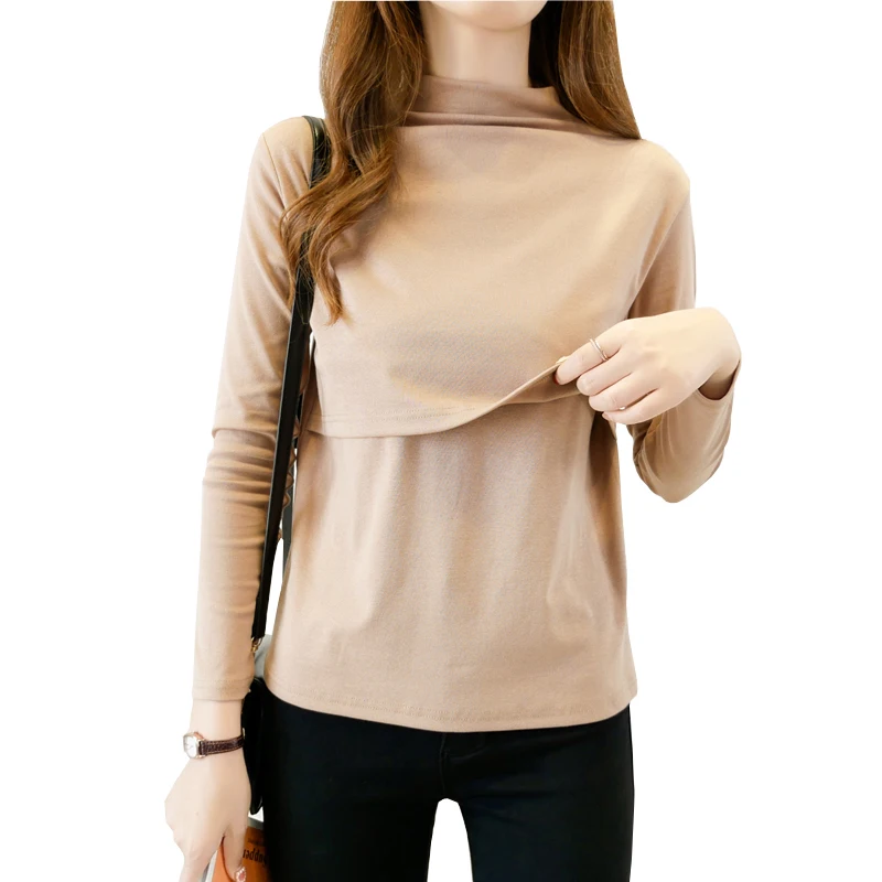T-Shirt Nursing-Top Long-Sleeve Pregnant-Women Pure-Cotton Maternity-Breastfeeding Solid