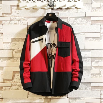 

High Qualit Patchwork Red Casual Spring Autumn 2019 Men Fashion Flannel Long Sleeved Male Business Shirt Brand Men Clothes