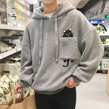 

Men's Autumn And Winter Fashion Cat Embroidery Plus Velvet Korean Version Of Loose Lamb Hair Thick Hoodie