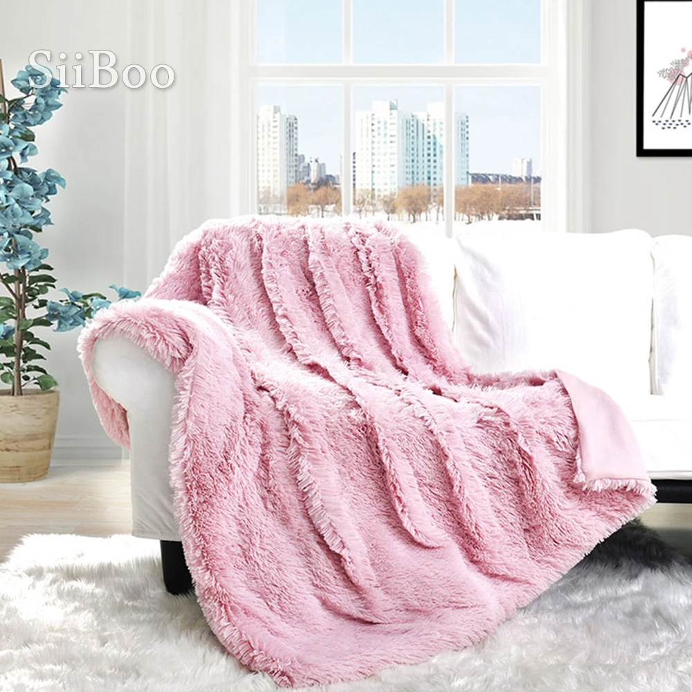 Winter Autumn Warm Pink White Plush Long Fur Fleece Bed Blanket Faux