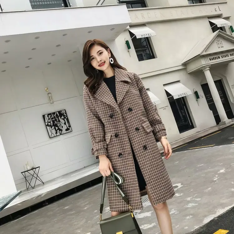 

S23669 Thousands of Birds Overcoat Women's Mid-length Autumn New Style Korean-style Loose-Fit Versatile Fashion Double Breasted
