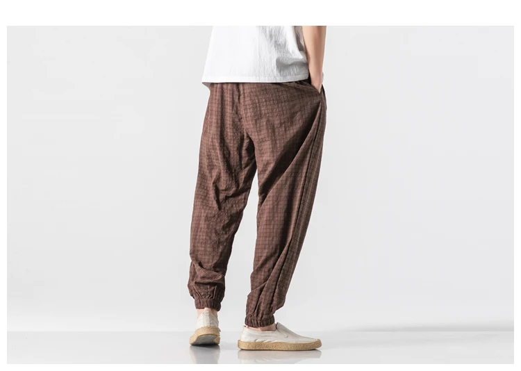 Autumn New Casual Pants Men Cotton Linen Slim Fit Grid Fashion Trousers Male Brand Clothing Plus Size 5XL Y1864