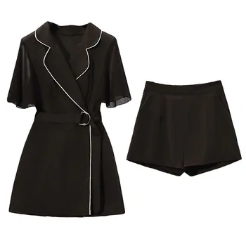 

Summer New Two-piece Sets Women Temperament Notched collar Short Sleeve Long Shirt Blouse and Shorts Commute Suits Plus Size 4XL