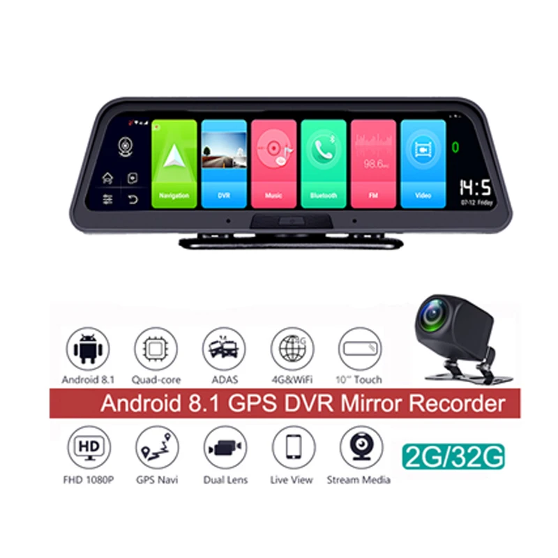 10Inch 4G+WIFI Dashboard Car Camera 2GB+32G 1080P DVR Mirror Recorder with Remote Monitor, GPS Navigation and Bluetooth