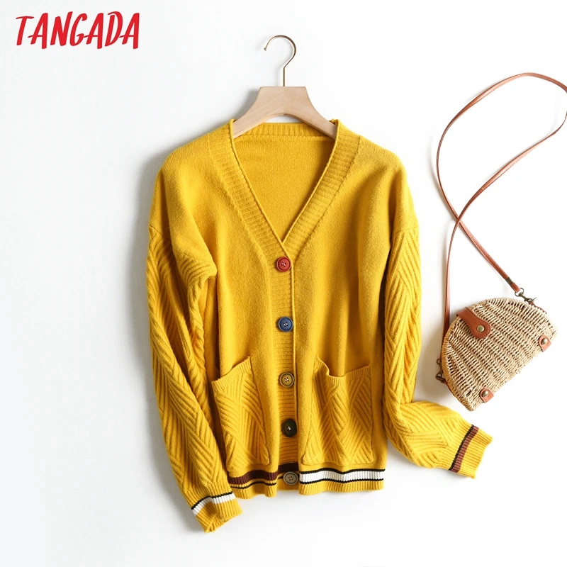 Tangada женский белый кардиган пальто школьный стиль сладкий v-образный Вырез Винтаж осень зима мода трикотажные топы BC30 - Цвет: Цвет: желтый
