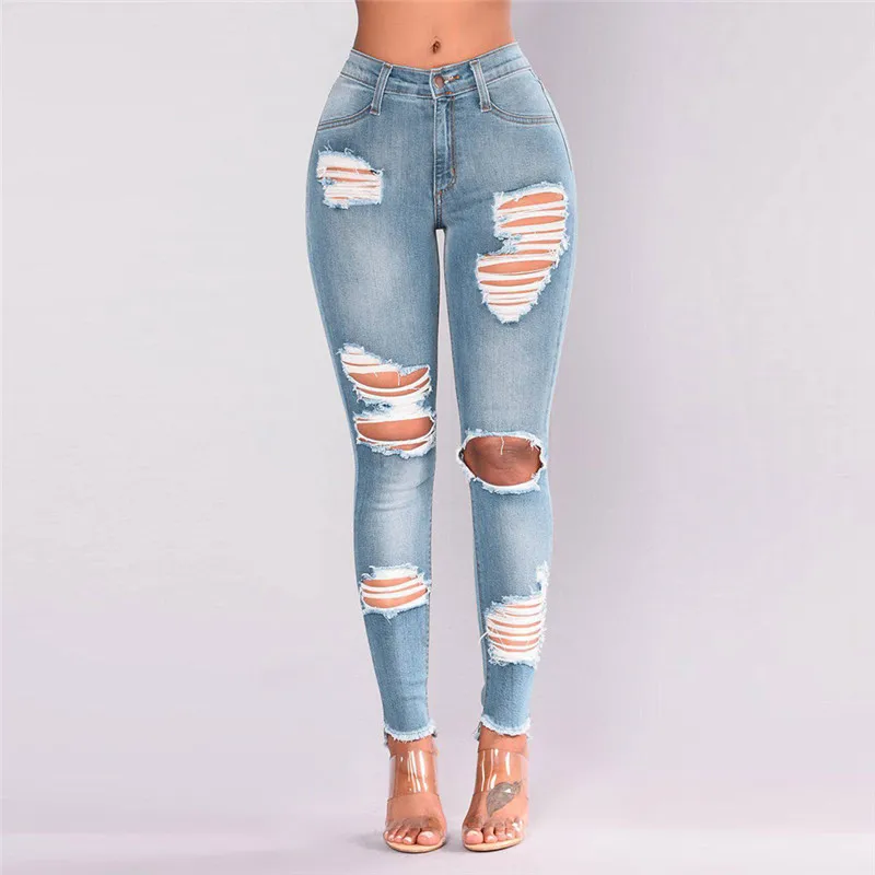 

Ladies Jeans Fashion Pant Jeans Women Vintage Streetwear Denim Hole Female High Waist Stretch Slim Sexy Washed Pencil Pants E15