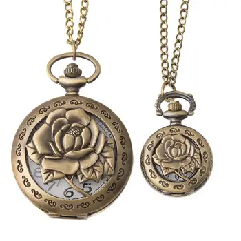 

Vintage Unisex Hollow Rose Flower Arabic Number Quartz Pocket Watch with Chain new chic