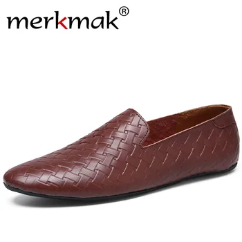 

Merkmak Italian Mens Shoes Casual Brand Summer Men Loafers Split Leather Moccasins Comfy Breathable Slip On Boat Shoes Big Size