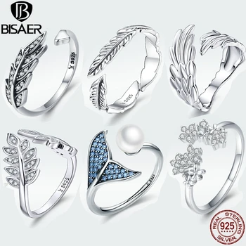 

BISAER 925 Sterling Silver open finger ring Vintage Style Leaves Clear CZ Adjustable Rings for Women S925 Silver Jewelry Gift