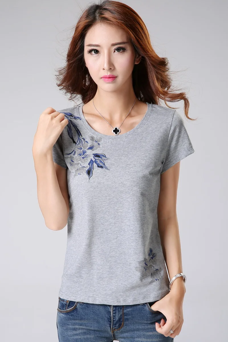 2020 New Summer Tee Women's Cotton T-shirt Short-sleeve Casual Printing Flower Tshirt Slim O-neck Ladies Soft Tops M-3XL