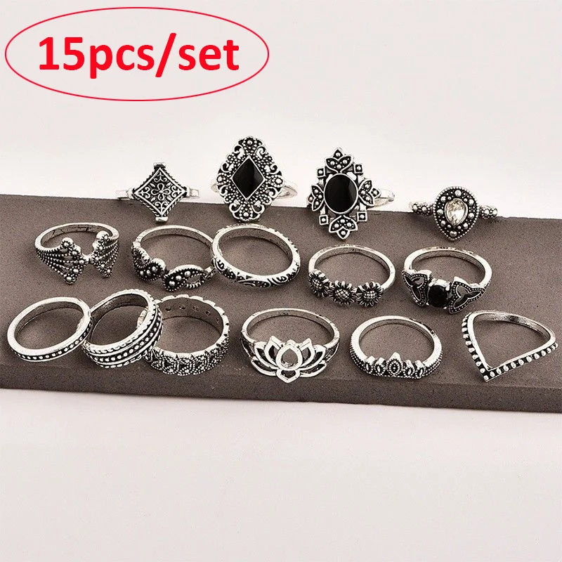 

15Pcs! Retro Vintage Silver Rings Set for Women Punk Fashion Midi Finger Ring Knuckle Rings Female Party Jewelry Lovers Gifts
