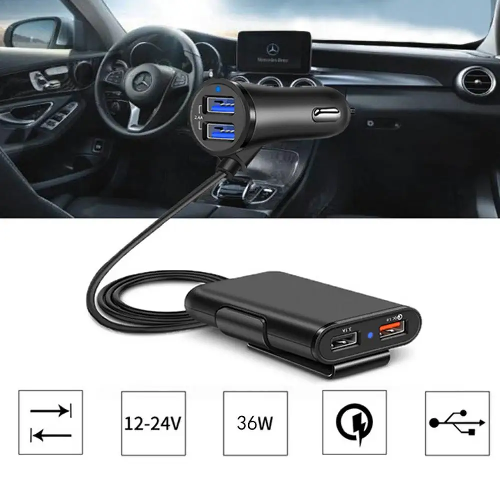 4 порта USB QC 3,0 Автомобильное зарядное устройство с 1,7 м удлинительным кабелем со съемным зажимом для мобильного телефона планшета gps Автомобильное зарядное устройство