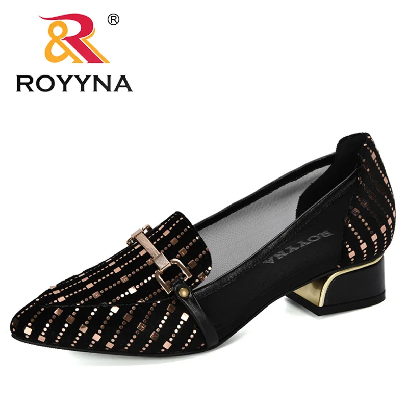 ROYYNA/Новинка года; дизайнерская цветная женская обувь из флока на Высоком толстом металлическом каблуке; Feminimo; Рабочая обувь; женские свадебные туфли - Цвет: Black golden