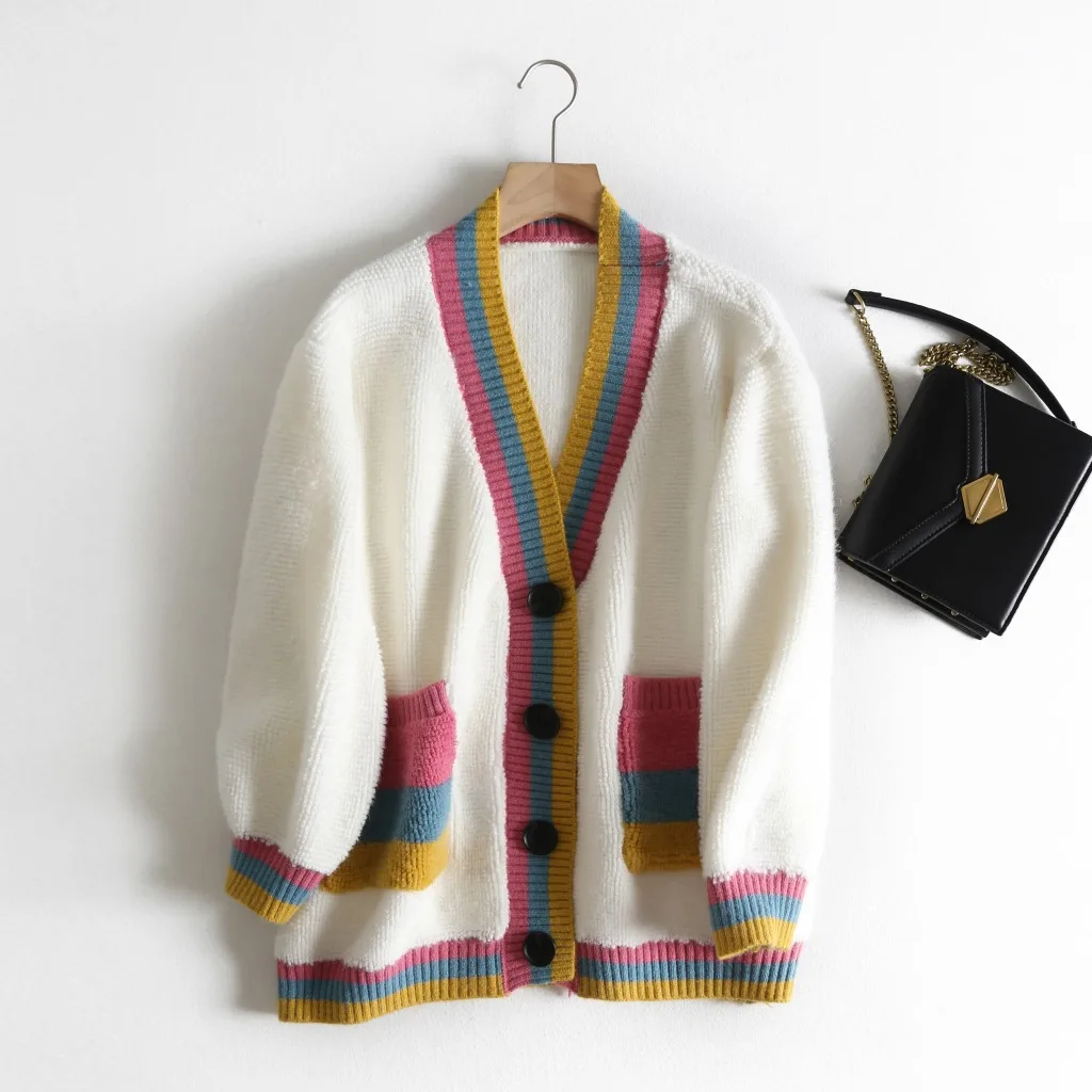 

Contrast Color Thick Cardigan 2019 Autumn And Winter New Style Japanese-style Stripe Spell Color V-neck Outdoor Sweater WOMEN'S
