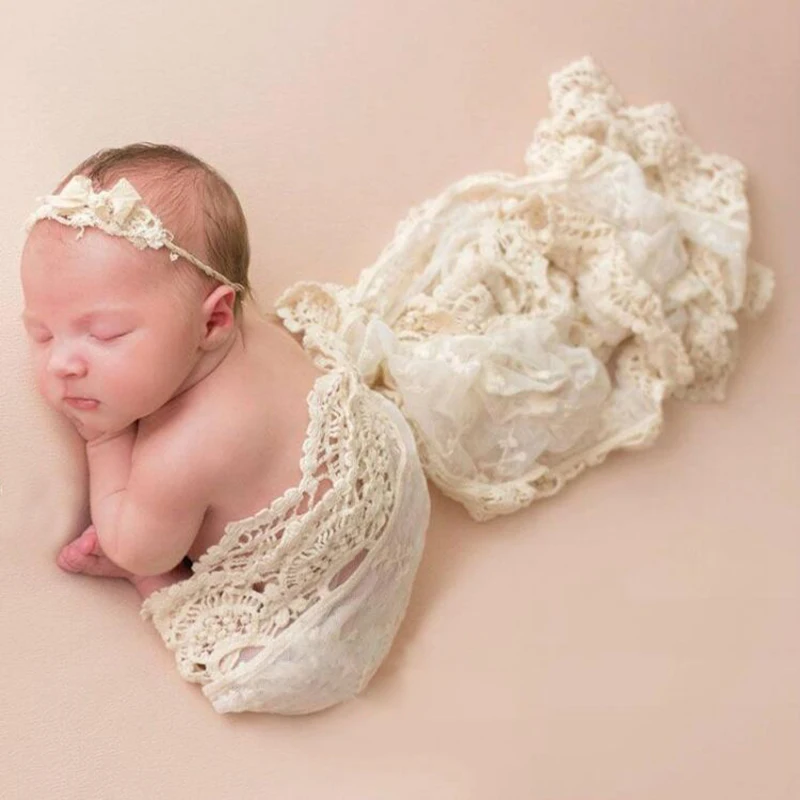 Lace Newborn Baby Photo Wraps Cotton Soft Infant Photography Fairy Swaddle Blanket Photo Shoot Filler Background