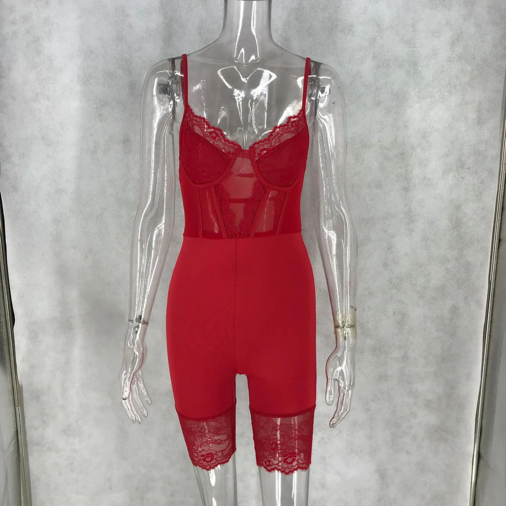 New Lace Patchwork Sexy Spaghetti Strap Jumpsuits Women Off Shoulder Sleeveless Elegant Bodycon Bandage Party Short Playsuits