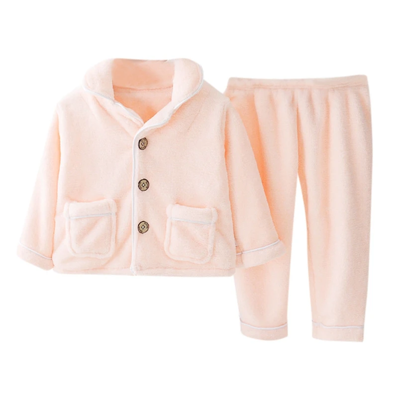 Детские пижамы для малышей; одежда для сна для маленьких девочек и мальчиков; Однотонный плюшевый Карманный Топ; брюки; сезон осень-зима; теплая Домашняя одежда; ночная рубашка - Цвет: Pink