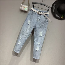 Рваные джинсы для женщин, европейский стиль, новинка, летняя мода, бисер, дыра, светильник, синие, женские укороченные штаны, по всей длине, прямые брюки для женщин