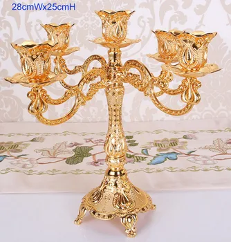 

Golden Silver 5 Arms Zinc Alloy Pillar Candle Holders Candlestick Home Wedding Decor Stand 28cmx25cmH Marriage Candle Cup B563
