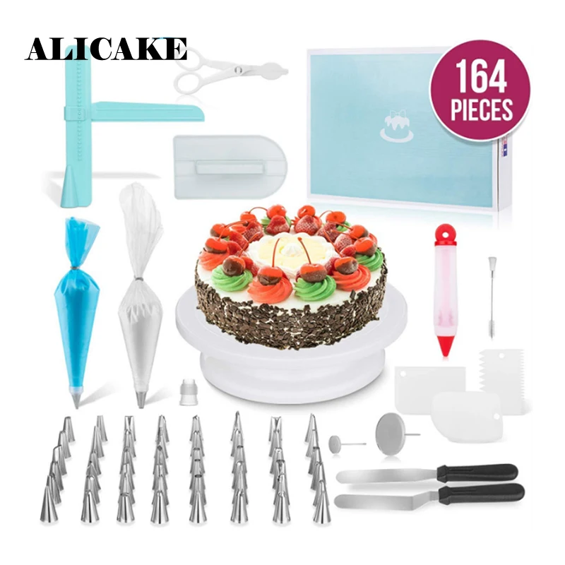 

164Pcs Baking Pastry Tools Cake Decoration Tools Set Cake Turntables Spatula Pastry Cutters Nozzle Divider Decorating Tip Sets
