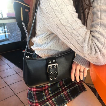 

New Retro Shoulder-bags Pure-Black Pu-Leather Baguette For Women 2020 Trend Vintage Belt-Buckle Design Fashion Female Handbag