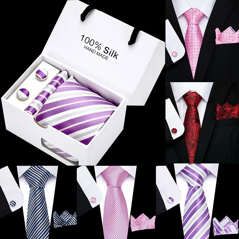 Classical New 8CM 100%Silk Necktie Handkerchief&Cuffink&Tie Set Stripe Dot Floral Neckties Formal D