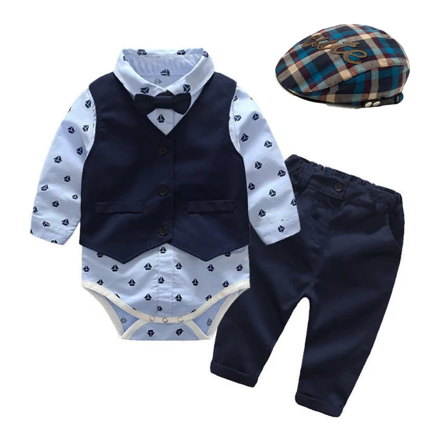 Baby Suits Newborn Boy Clothes Romper + Vest + Hat Formal Clothing Outfit Party Bow Tie  3