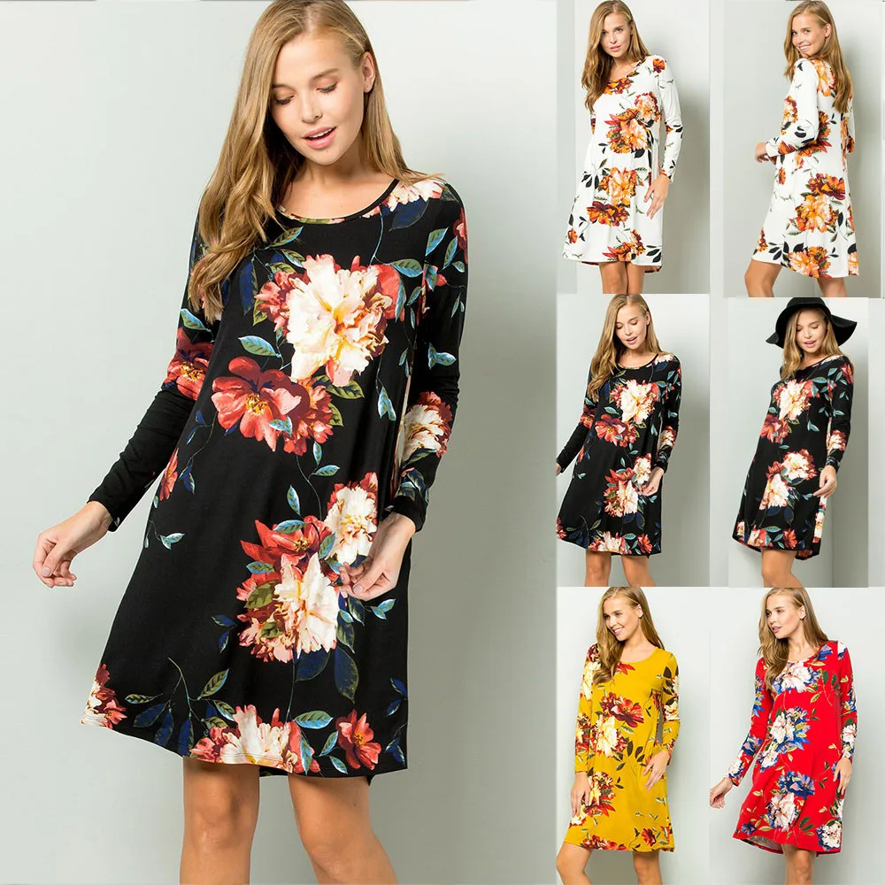 Женское платье Vestidos с цветочным принтом, тонкое платье с длинным рукавом и круглым вырезом, ТРАПЕЦИЕВИДНОЕ ПЛАТЬЕ до колена для рождественской вечеринки Vestido# J30