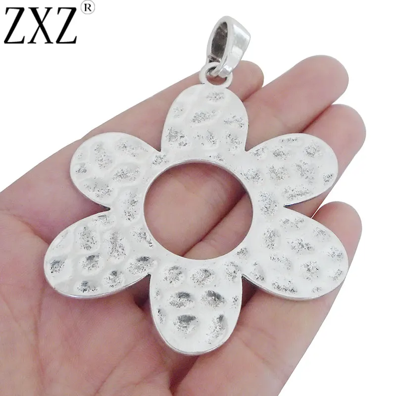 

ZXZ 2pcs Large Antique Silver Tone Hammered Flower Charms Pendants For Necklace Jewelry Making Findings 80x61mm