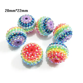 

Wholesale 22mm 100pcs/lot Rainbow Stripe With AB Rhinestone Beads For Chunky Jewelry