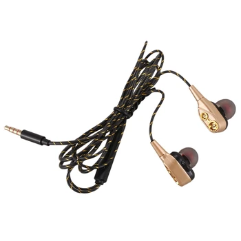

3.5mm HiFi Wired Earphone Dual-Dynamic Quad-core Speaker In-ear earbuds Flexible Cable Anti-wrap with HD Microphone(Gold)