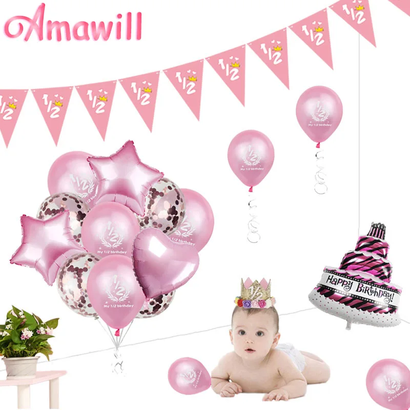 Amawill/Детские воздушные шары для мальчиков и девочек на день рождения с декором «Мой 1/2», Детские воздушные шары на шесть месяцев, украшения для дня рождения, 7D