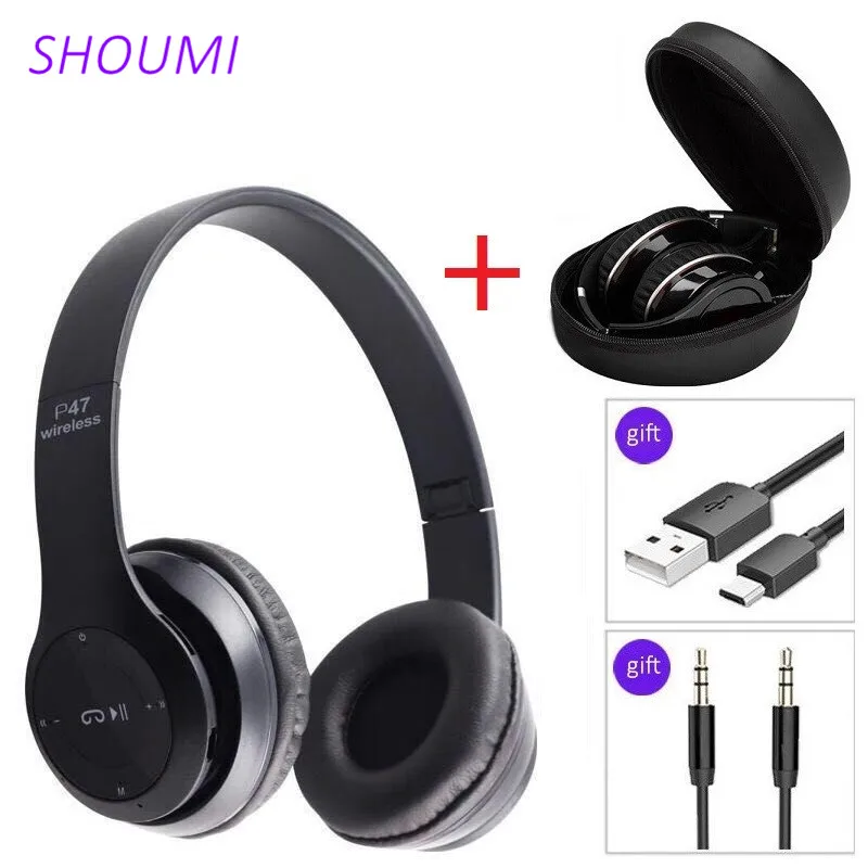 P47 Wireless Helmets Foldable Bluetooth Headphones Noise Cancelling Hifi Stereo Earbuds with Microphone Headset Bag for Kid Gift